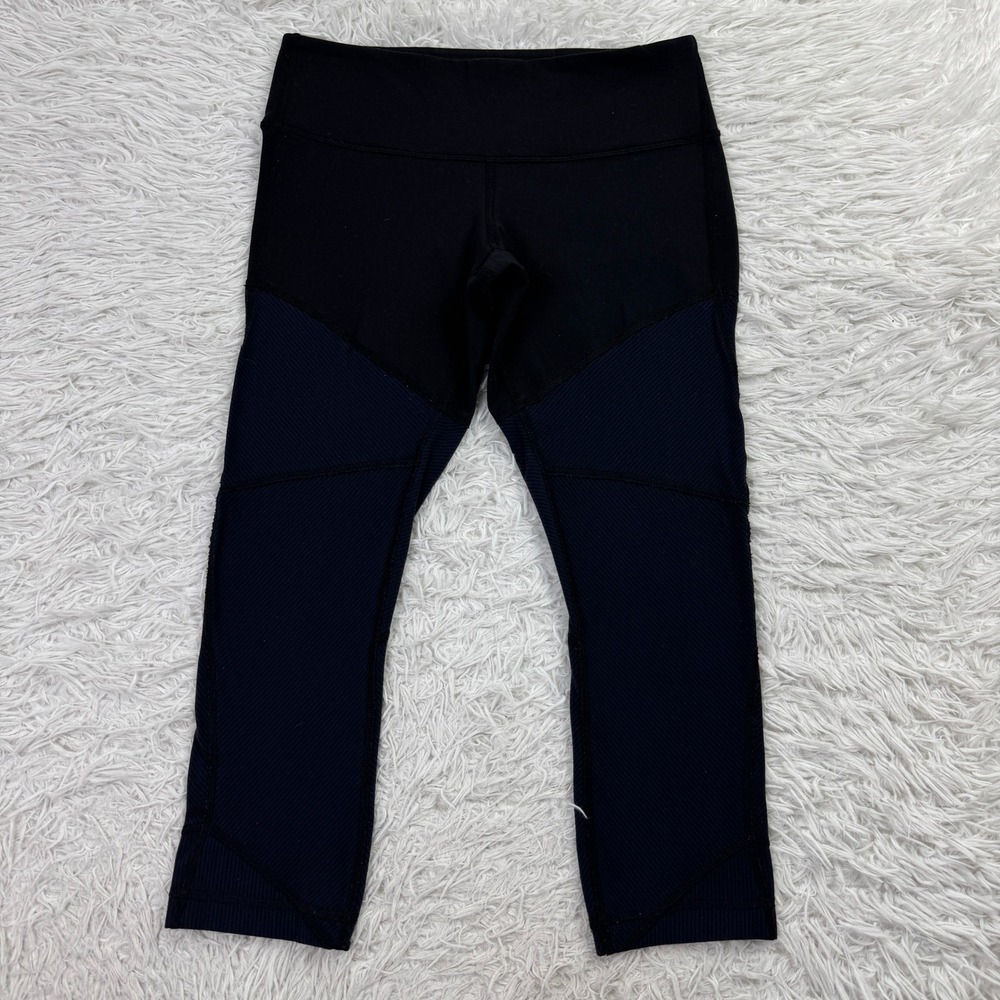 Lululemon Pants Womens 8 Black Blue Striped Panels Wunder Under Cropped Leggings